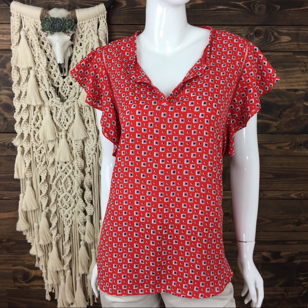 Zac & Rachel | Patterned Ruffle Lattice Lace Split‎ Neck Blouse Red